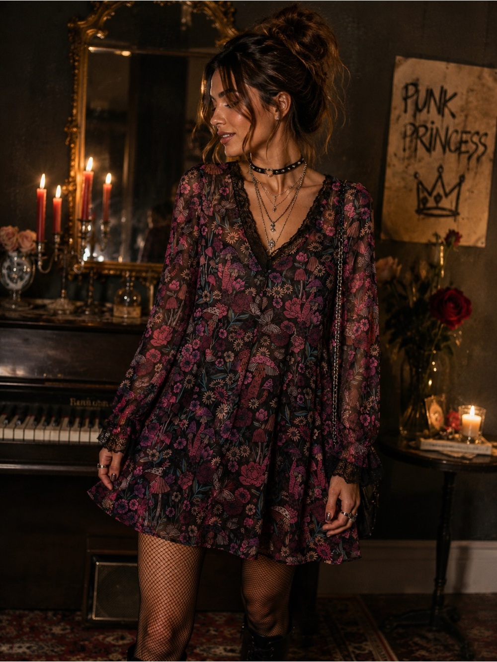 Current Mood Dark Floral V-Neck Lace-Trim Mini Dress - Black & Purple